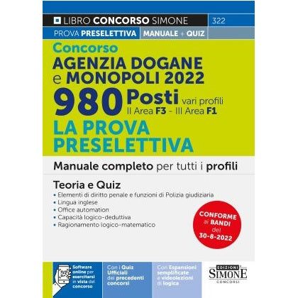 Concorso Agenzia Dogane e Monopoli 2022 – 980 posti vari profili – La prova preselettiva – Manuale – 322